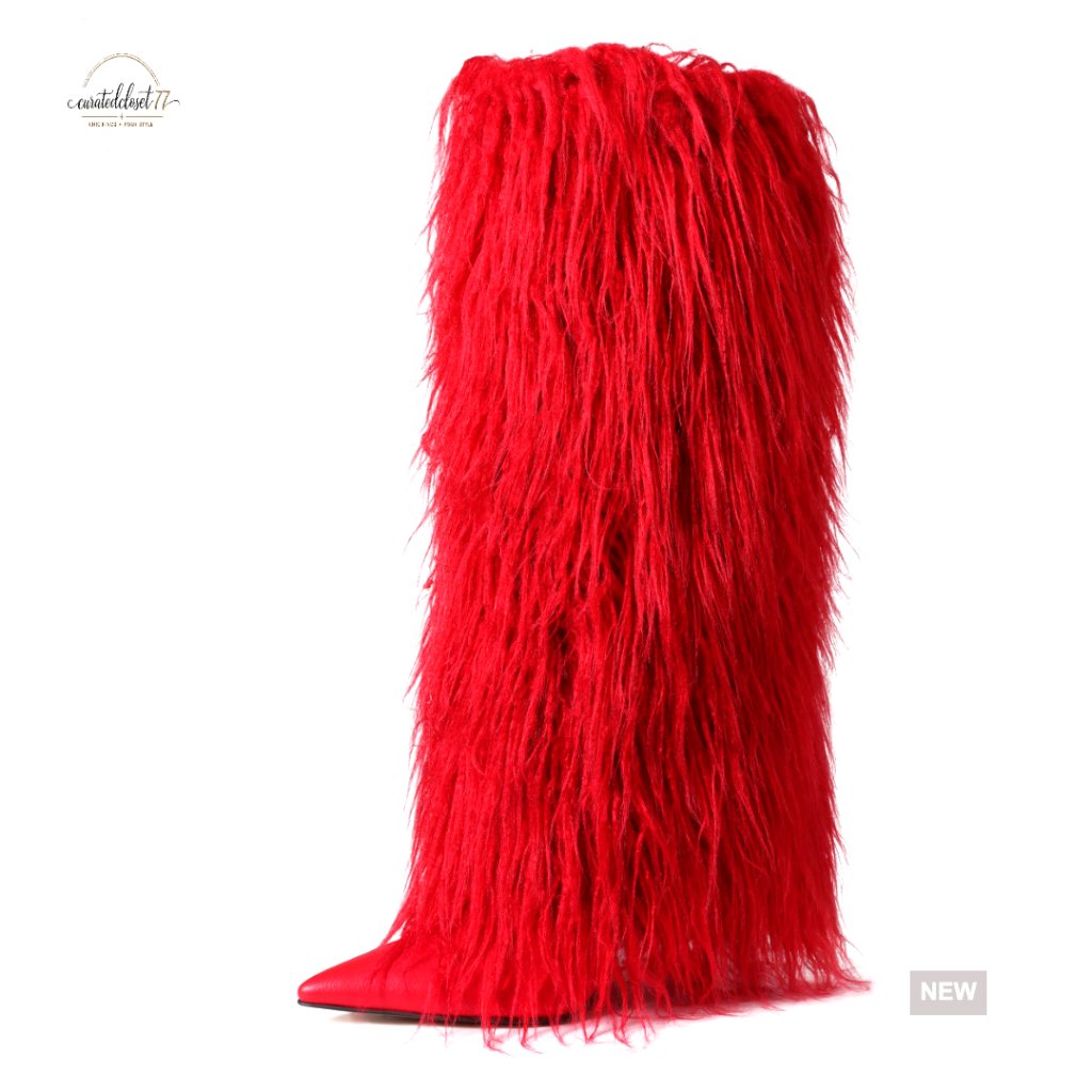 Knee High Faux Fur Boots Wide Calf Stiletto Heel Pointed Toe Winter